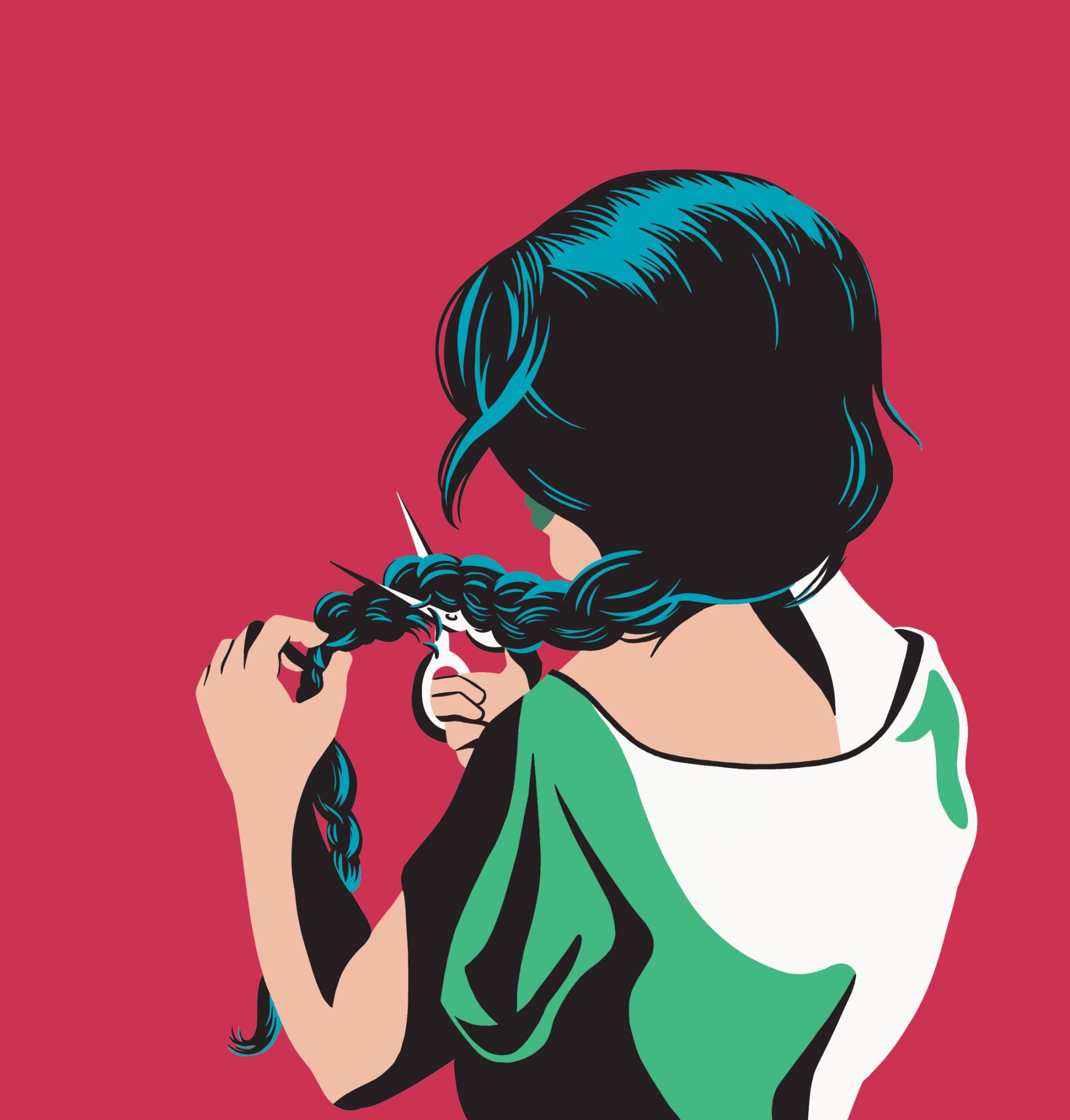 Woman cutting off her hair illustration